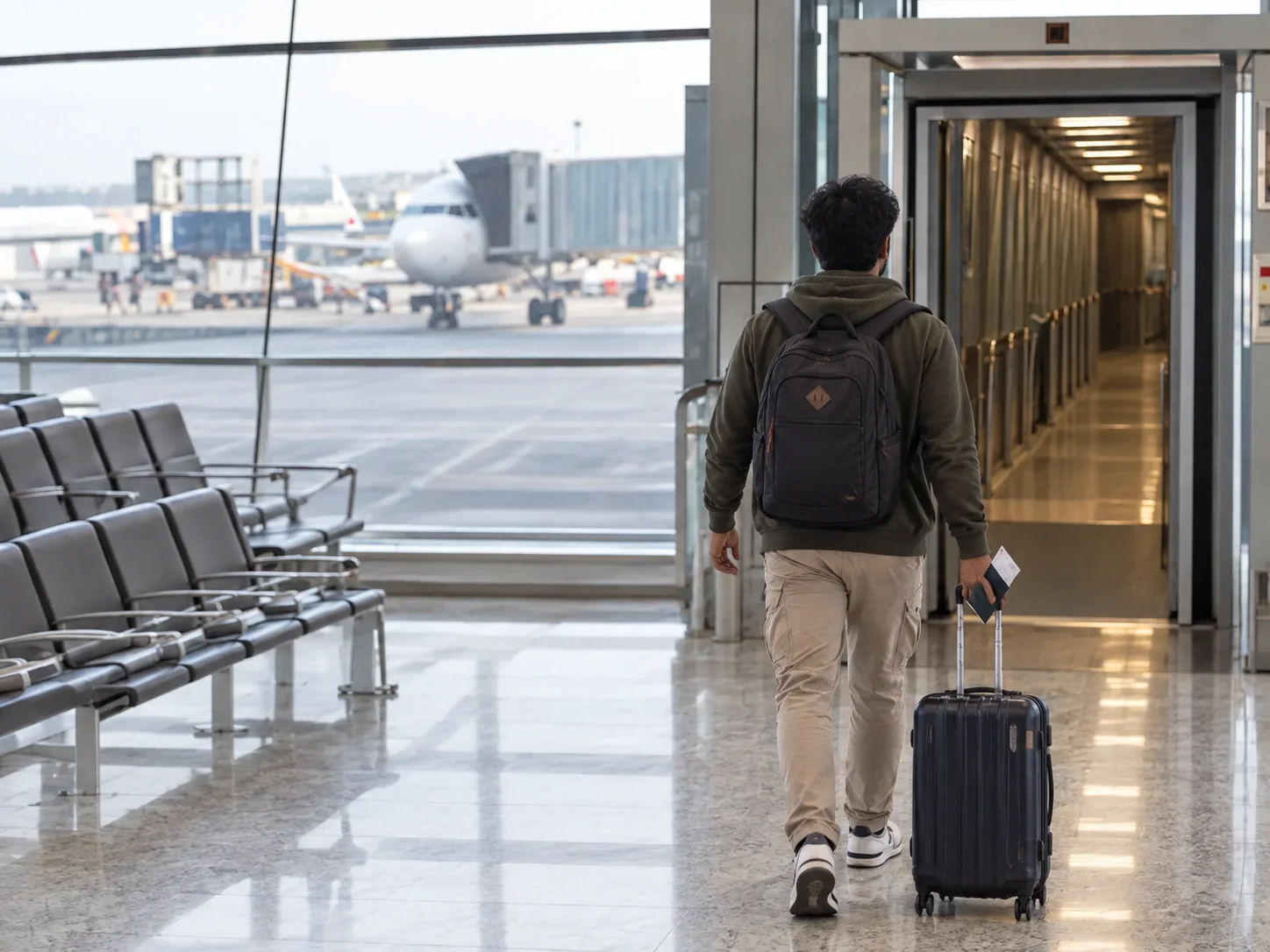Indian male student seen from behind walking alone toward an airport boarding gate with his suitcase