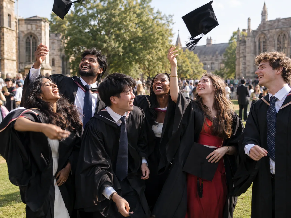 Indian and international graduates celebrating together on campus