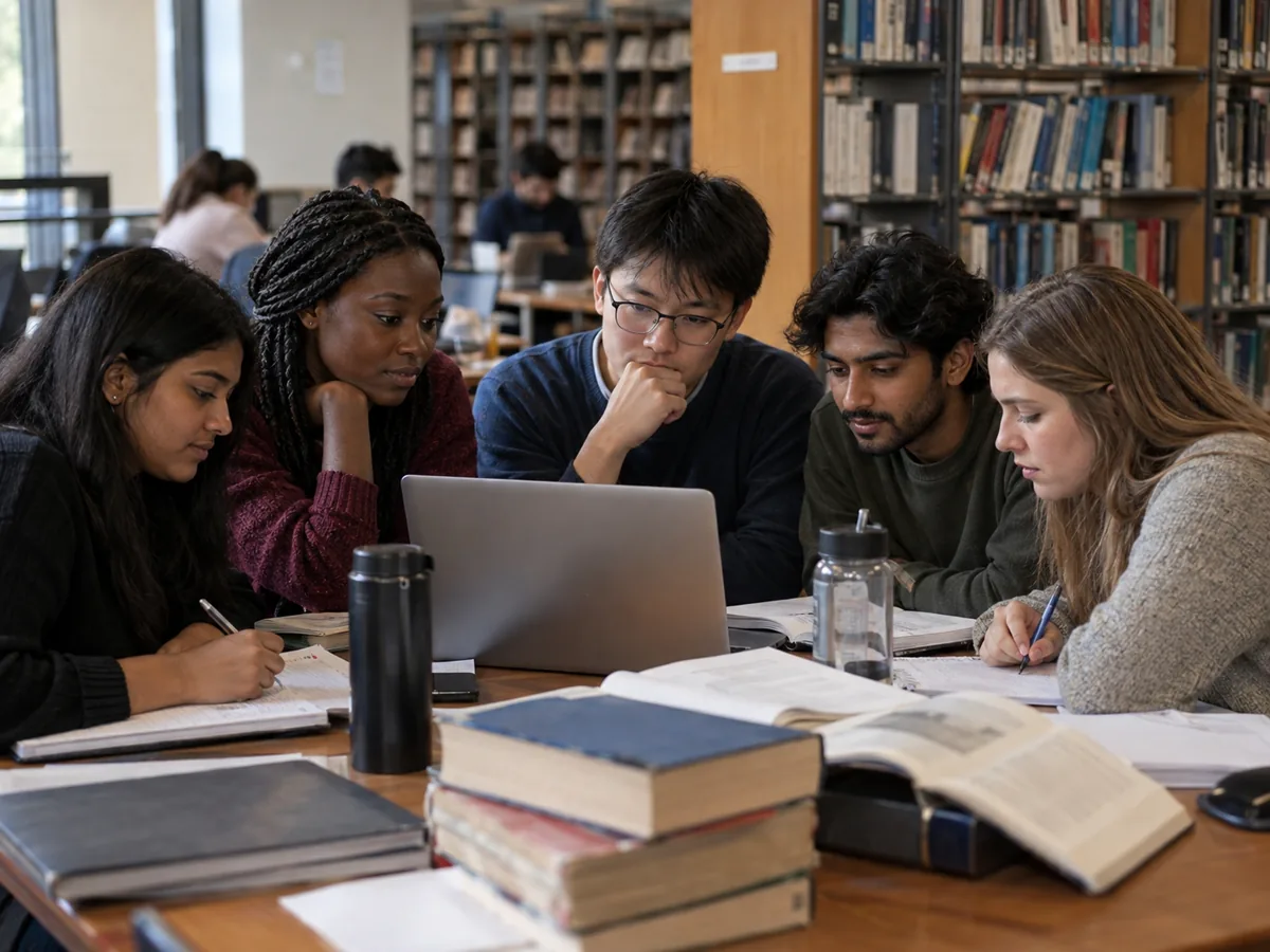Indian students studying with international classmates in a university library