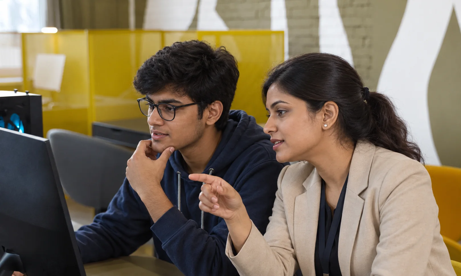 Indian study-abroad counsellor guiding an Indian student at a computer