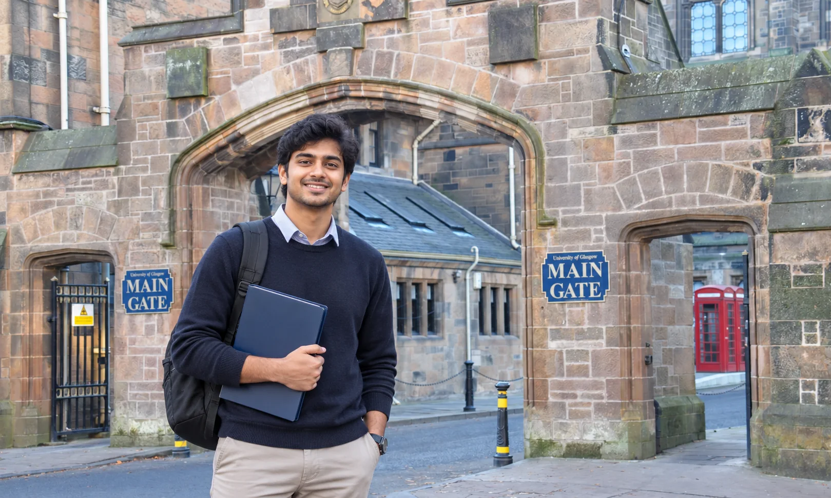 Indian international student standing in front of the University of Glasgow main gate