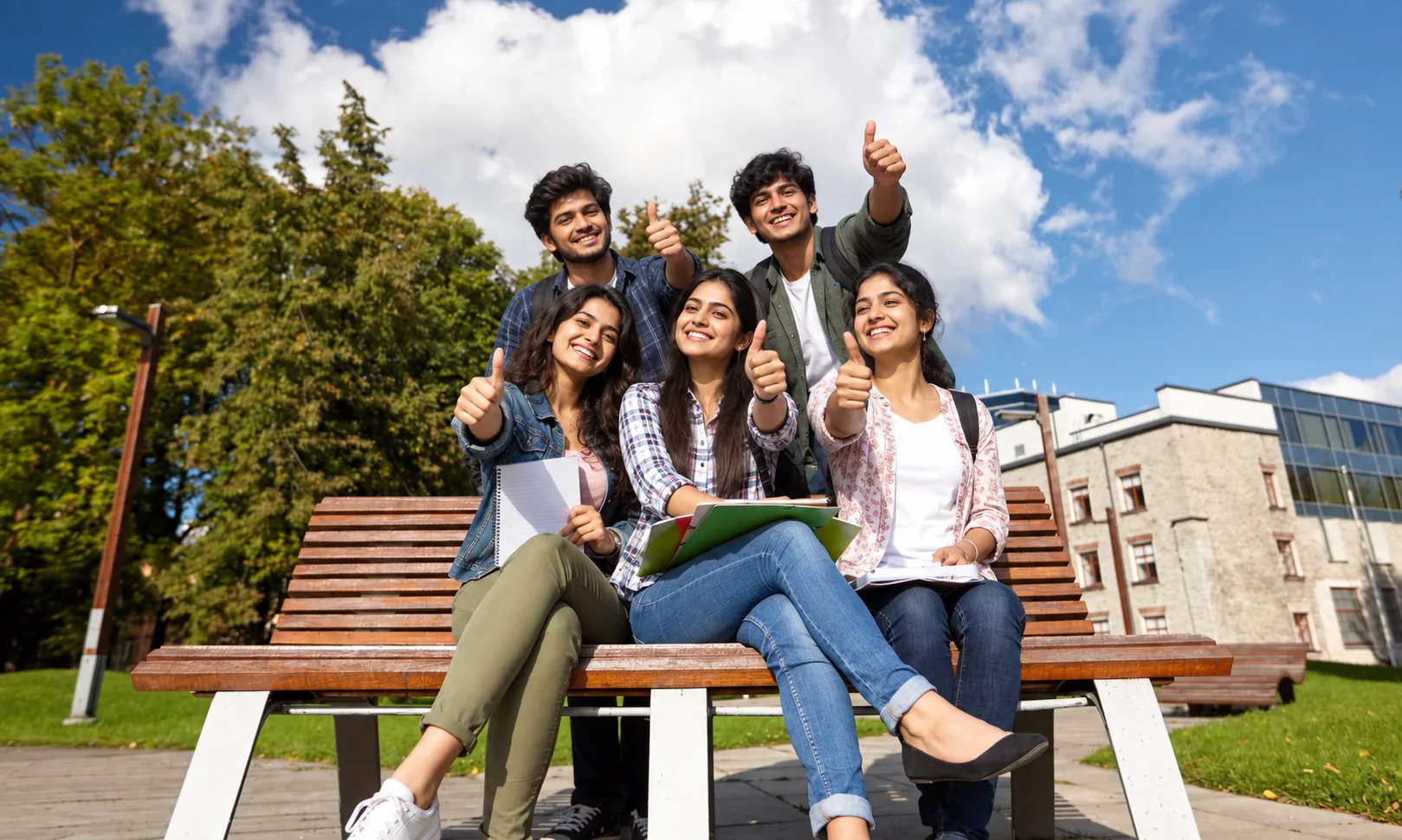 Five Indian university students smiling and giving thumbs up together on a campus bench